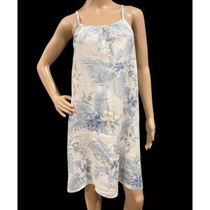 LUNGO L'ARNO 100% Linen Strappy Tropical Blue & White Slip Midi Dress Sz M